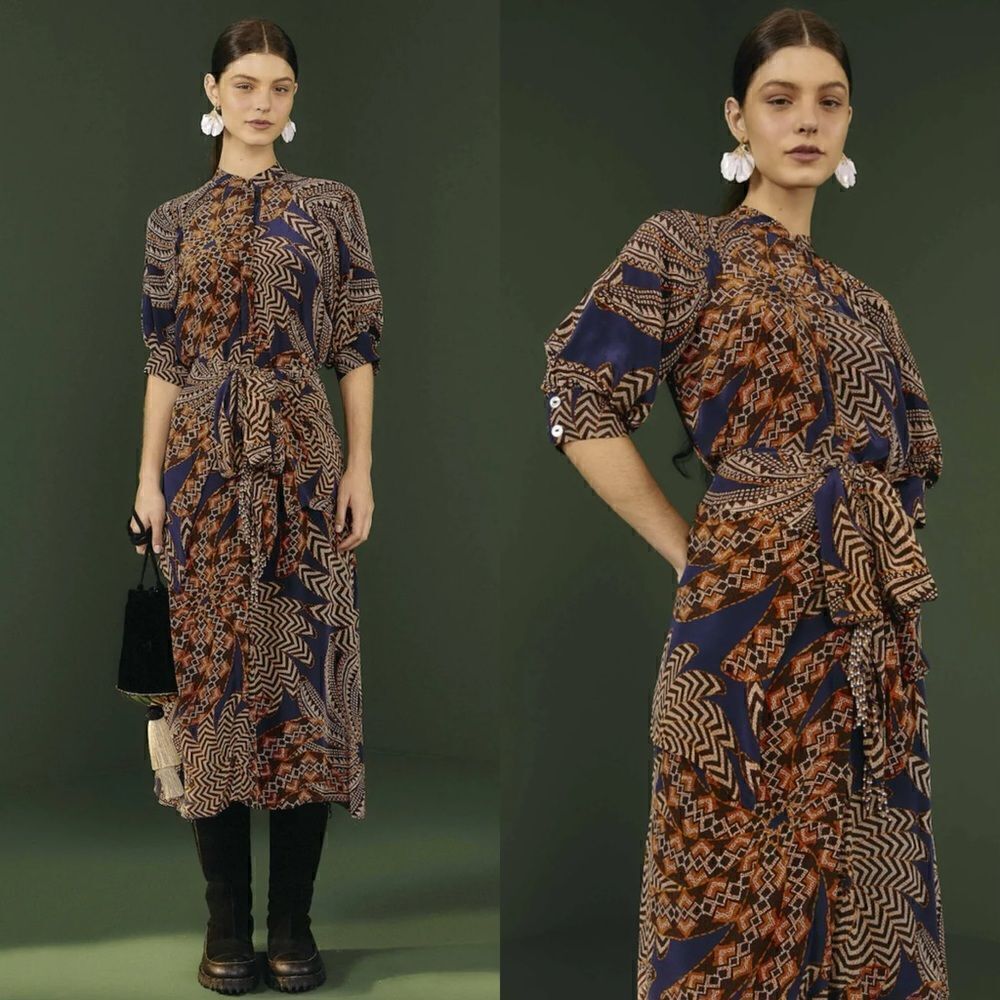 Farm Rio Yawanawa Vanahu Midi Blue Orange Shirt Dress Size S